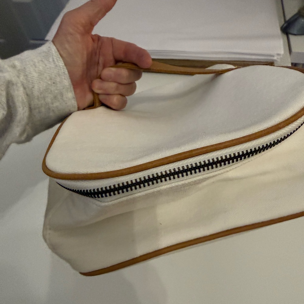 White Canvas Cosmetic Bag with Tan Trim Hearth and Home Collection